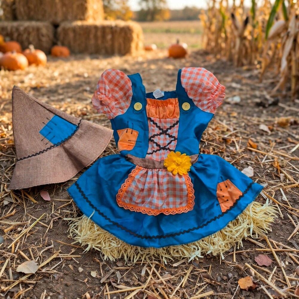 Girls Scarecrow Costume Kids 4 6 Halloween Dress Hat Straw Fall C246 Cottagecore